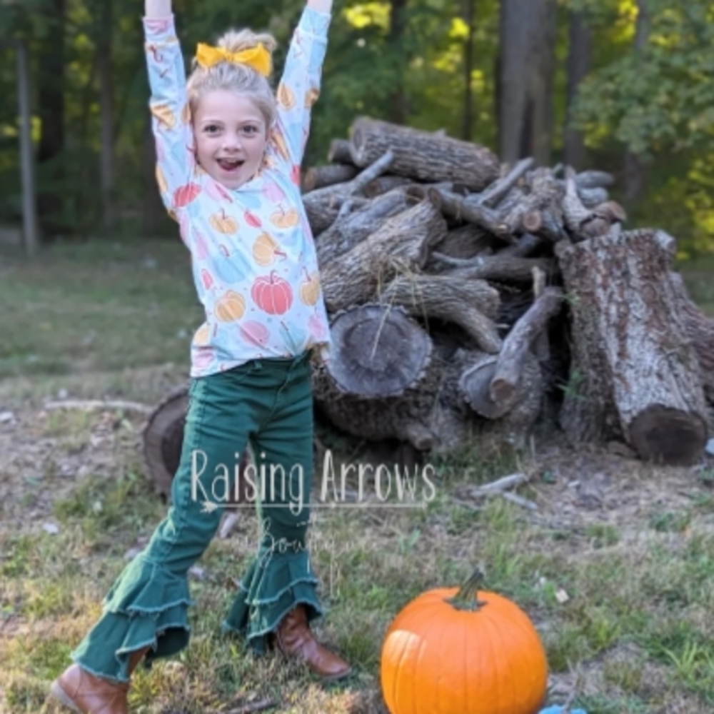 Kids Pumpkin Print Top and Green Ruffle Pants